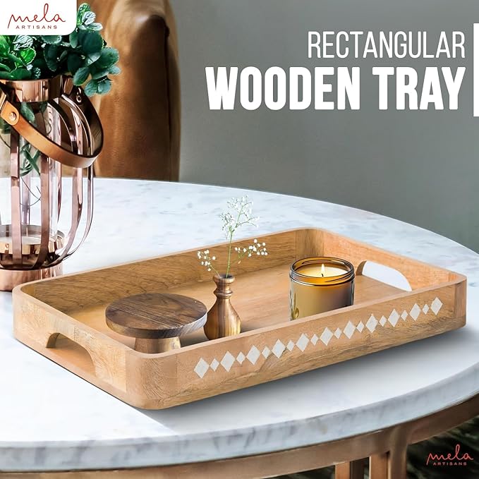 Mela Artisans Wooden Serving Tray with Handles | 15x10x1.75 inch | Mango Wood Decorative Tray | Ottoman Tray | Snacks | Desserts | Breads | Coffee Table | Bedroom | Rounded Edge Design