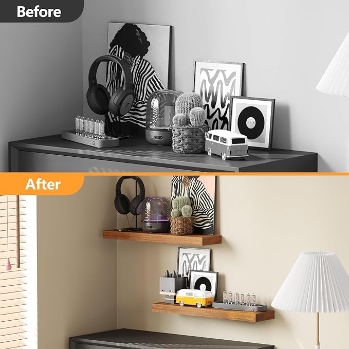 BAMEOS 24x6 Wall Shelf, 2-Shelf Modern Oak Floating Shelf Set for Bedroom, Bathroom, Kitchen Storage