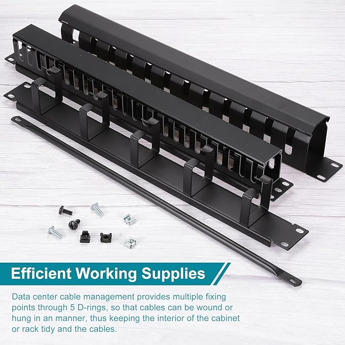 PATIKIL 1U Horizontal Cable Managers, 5 Pack 19 Inch Horizontal Lacing Bar Rack Mount Cord Management Metal Wire Organizer for Network Cabinet, Black