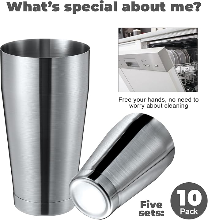 Lallisa 10 Pieces Cocktail Shakers Professional Bar Boston Shaker Set Stainless Steel Martini Shaker Drink Mixer Basic Tools Weighted Shake Metal Can for Bartenders, 18 Oz, 28 oz(Sanding Silver)