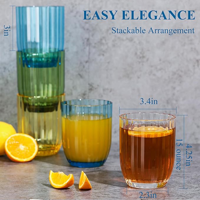 Acrylic Clear Highball Plastic Cups | Plastic Reusable Tumblers 15oz (Set of 8) | Stackable | BPA-free Tumblers | Shatterproof | Top-rack Dishwasher Safe