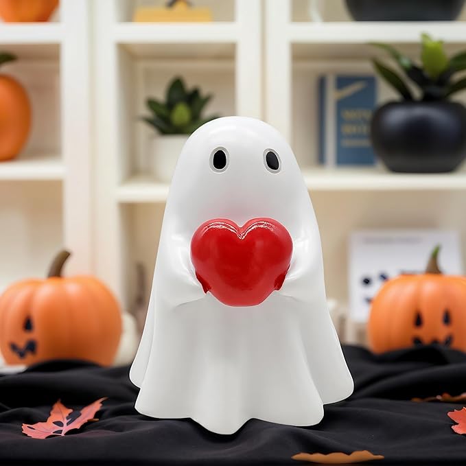 Halloween Cute Ghost Figurine with Red Heart– Resin Mini Statue, Romantic Shelf & Desk Decor, Halloween or Valentine’s Day Gift for Home, Office, and Friends
