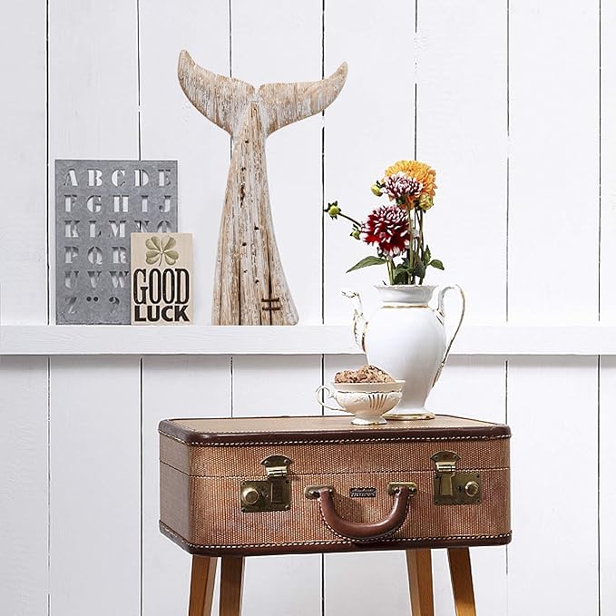 Morning View Wooden Whale Tail Decor - Rustic Nautical Free Standing Wooden Statue - 13.6 Inch High