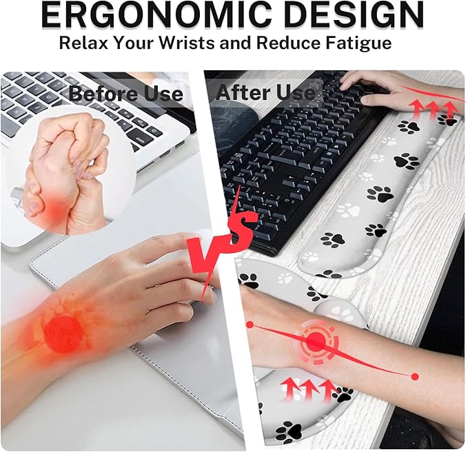 Britimes Ergonomic Mouse Pad Set with Wrist Rest Gray Paw Print Non-Slip Rubber Base Wrist Cushion Support and Coasters Mousepad with Wrist Support for Computer Keyboard and Desk