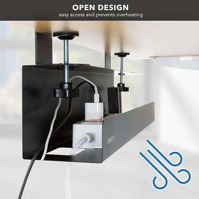 Mount-It! Clamp-On Under Desk Cable Management Tray – No-Drill Metal Cable Organizer for Office & Glass Desks, Secure Wire Management Tray for Power Strips & Cords – Sturdy Desk Cable Tray 23.6” Black