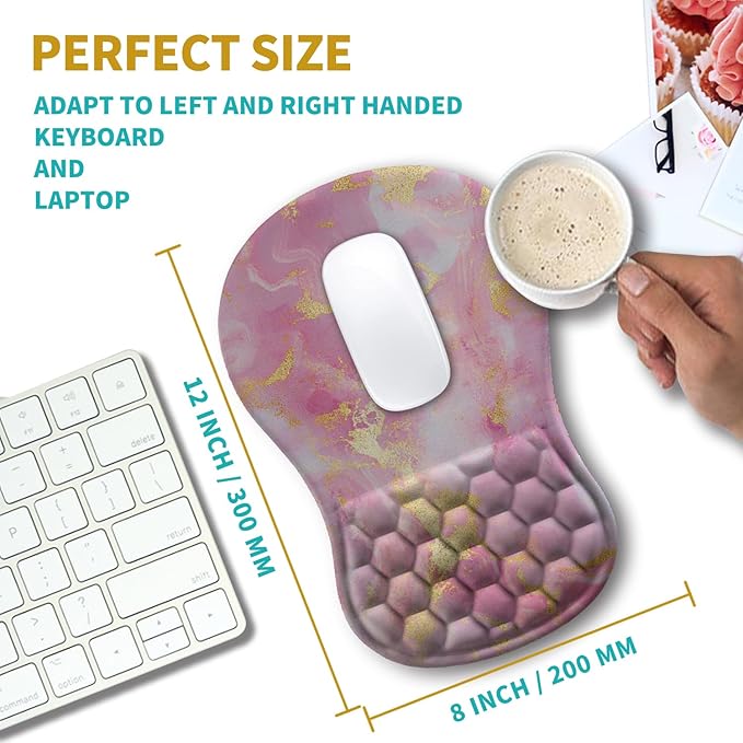 Hokafenle Ergonomic Mouse Pad Wrist Support, Wrist Rest Mousepad for Carpal Tunnel Pain Relief with Integrated Memory Foam Slope Massage Bulge (11.8x7.9 inch,Pink Gold Marble