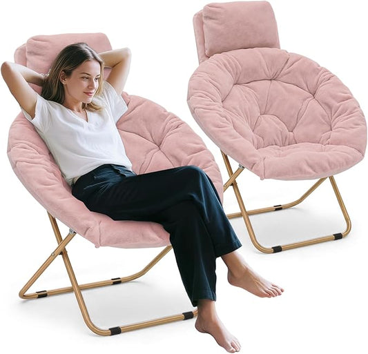 Athena Collection Comfy Saucer Chair with Headrest Oversize Round Cozy Chair Folding Chair Faux Fur Metal Frame Foldable Reading Chair Accent Chair for Bedroom Living Room Set of 2, Pink