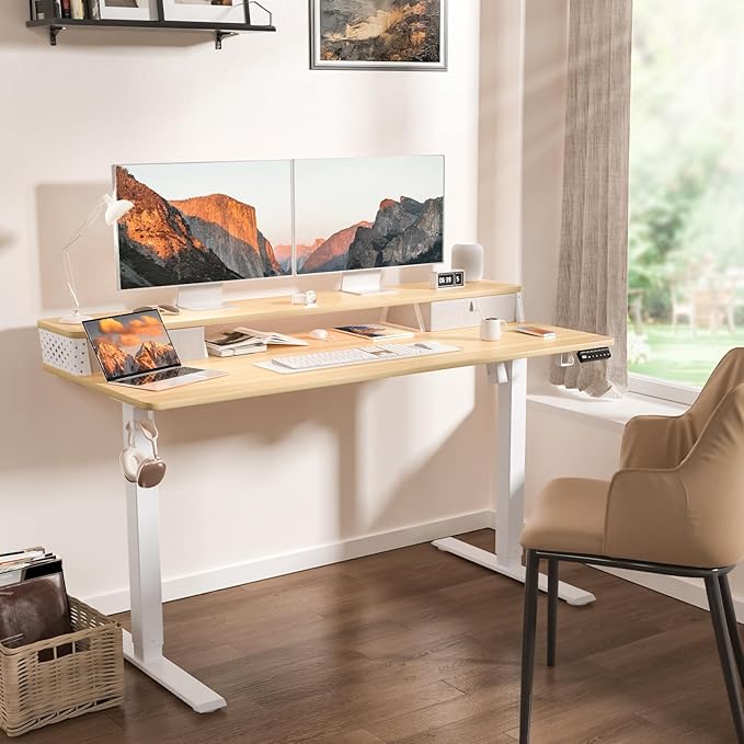 55 x 24 Inch Standing Desk with 2 Drawers, Easily Assembled Height Adjustable Desk, Ergonomic Sit to Stand Electric Desk for Home Office Workstation, Natural