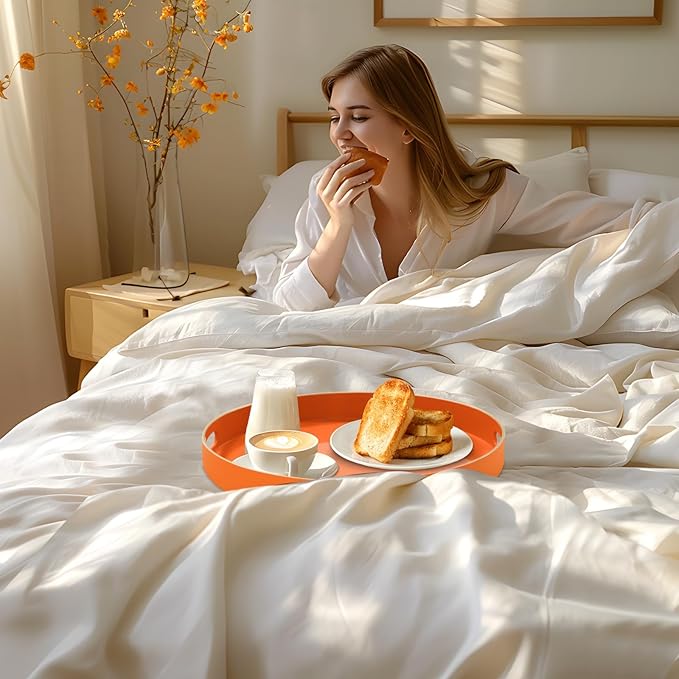 MAONAME 13" Round Tray, Orange Serving Tray with Handles, Modern Decorative Trays for Coffee Table, Plastic Ottoman Trays for Ottoman, Bathroom, Halloween Decor