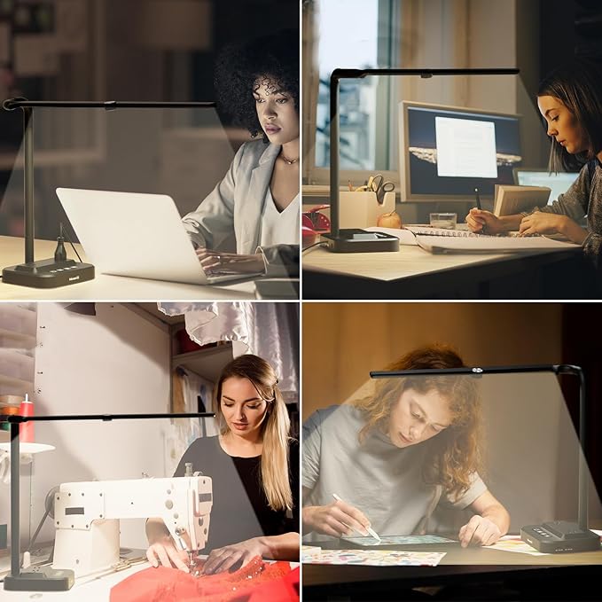 LED Desk Lamp with USB Charging Port: Eye-Care Technology - 1 Type-C, 1 USB-A Charging Port, 2 AC Power Outlets, Desk Lamps for Home Office, Study, Bedroom