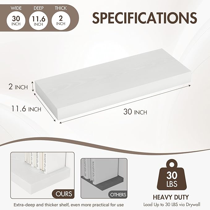 30 Inch Floating Shelves, 12" Deep Floating Shelf Wall Mounted, 30" Wall Shelves, Rustic Deep Bookshelf, Extra Deeper & Thicker Display Shelves for Bedroom, Living Room, White, Set of 2