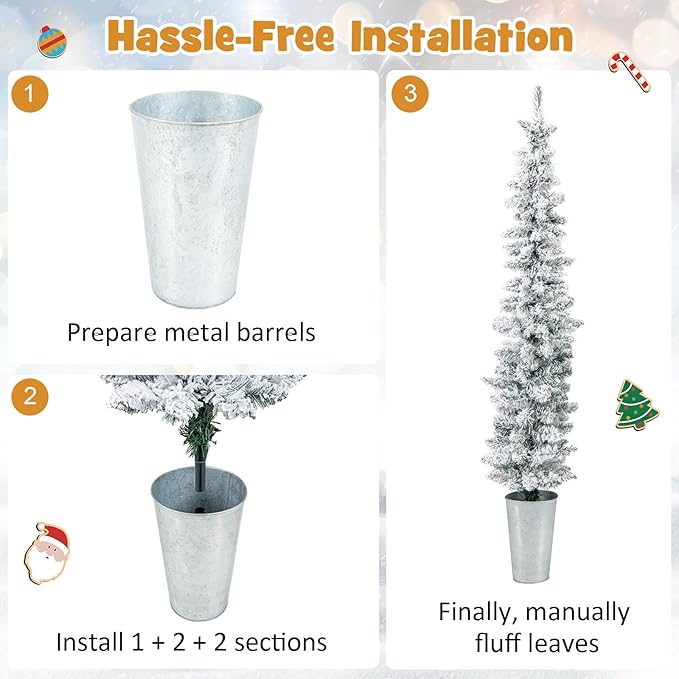 GOFLAME Set of 3 Potted Christmas Tree Snow Flocked, 3’ 4’ 5’ Slim Pencil Trees with 120, 140, 160 Branch Tips & Cement-Filled Metal Bases, Artificial Entrance Xmas Trees for Porch, Front Door