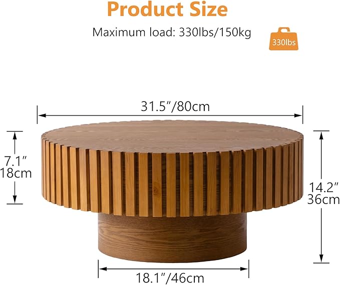 Modern Wood Round Coffee Table - Handcraft Drum Coffee Tables with Sturdy Base, Easy Assembly, Contemporary Style Small Coffee Table Tea Table for Living Room, Bedroom, Office (Natural Round)