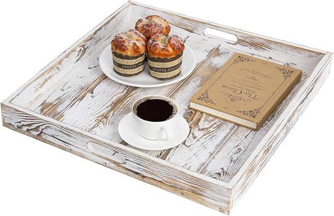 MyGift Whitewashed Wood Large Serving Tray with Handles, 19 Inch Square Decorative Tray for Ottoman, Breakfast, Tea, Coffee Table