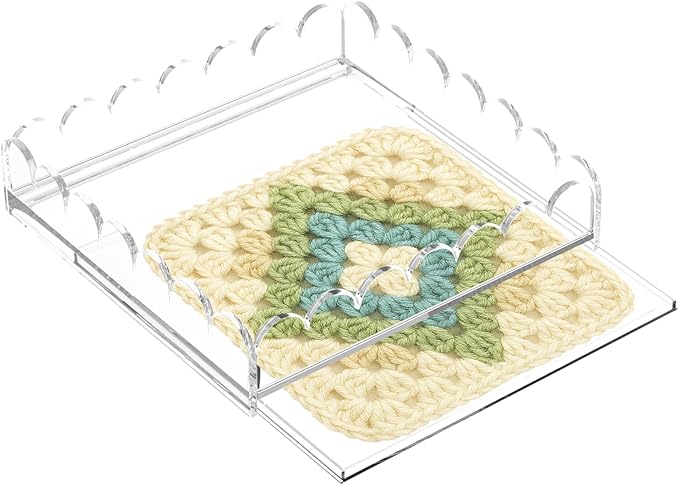 Acrylic Tray with Slide-Out Drawer,Clear Scalloped Decorative Tray for Displaying Needlepoint,Fabric,or Photos,Custom Serving Tray Organizer for Home Decor,9"x9"