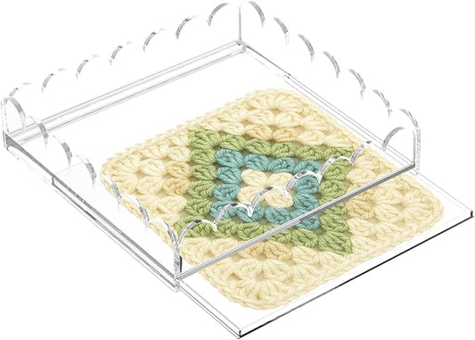 Acrylic Tray with Slide-Out Drawer,Clear Scalloped Decorative Tray for Displaying Needlepoint,Fabric,or Photos,Custom Serving Tray Organizer for Home Decor,9"x9"