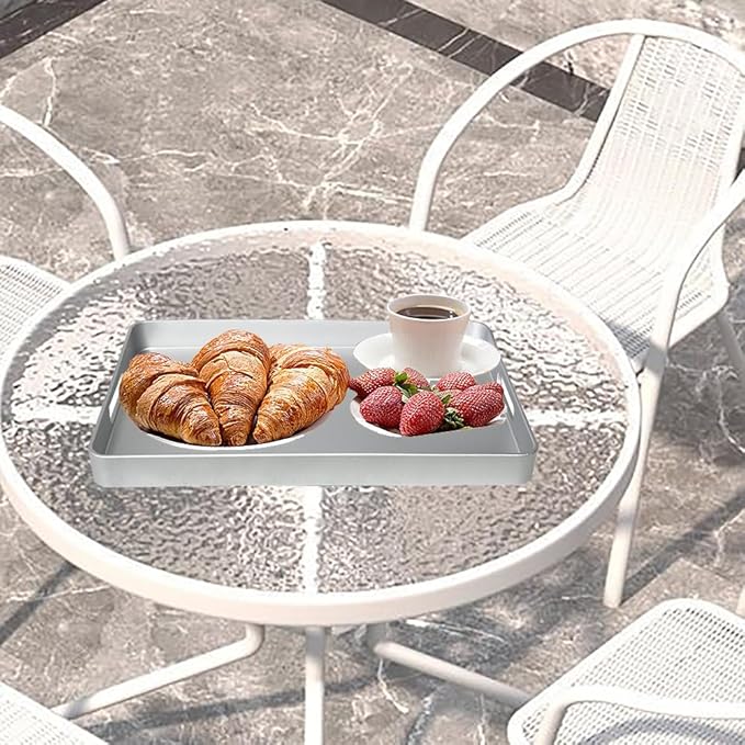 Serving Tray with Gold Trimming,Rectangular Sturdy Serving Trays with Handles, Coffee Table Tray Plastic Tray for Ottoman Living Room, Bathroom,Home Decor 15.7" L x 10.2" W x 1.57" H(Silver)