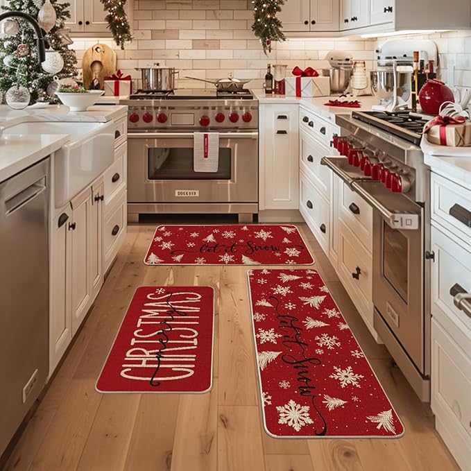 Artoid Mode Xmas Trees Snowflake Let It Snow Merry Christmas Kitchen Mats Set of 2, Winter Decor Low-Profile Kitchen Rugs - 17"x29"+17"x36"+17"x47"
