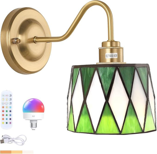 Vintage Battery Operated Wall Sconce with Remote, Rechargeable LED Wall Lamp 3 Colors Dimmable, Gold Wall Lights Fixture for Bedroom Bathroom Living Room Hallway Green Checker