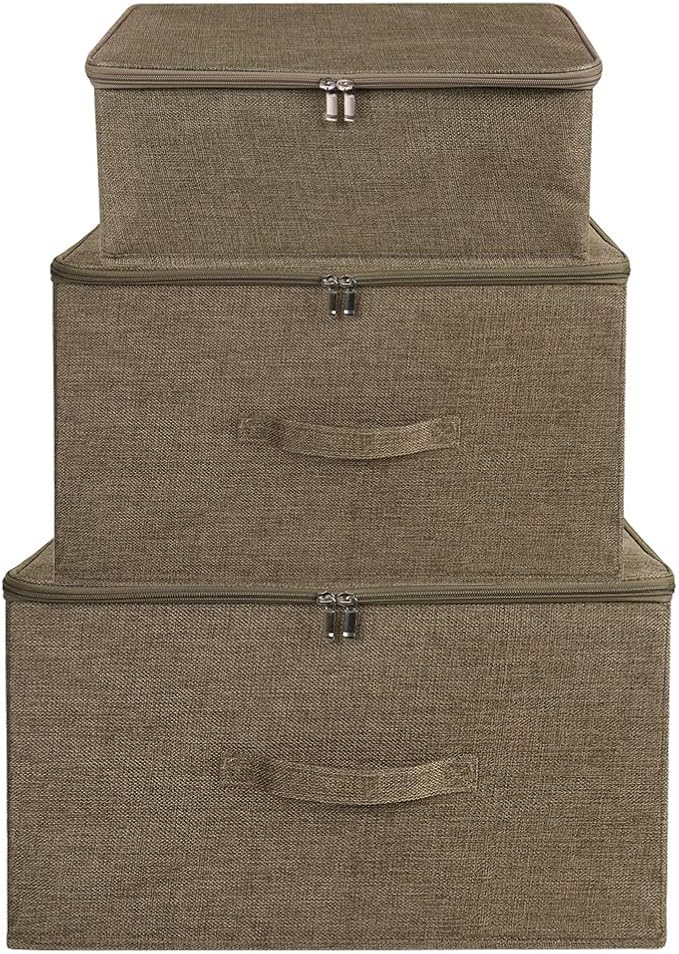 ANMINY 3PCS Storage Bins with Zipper Lids 51.9 Qt Lidded Fabric Storage Boxes Baskets Cubes with Handles Collapsible Washable Cotton Linen Closet Shelf Clothes Organizer - Coffee, Extra Large