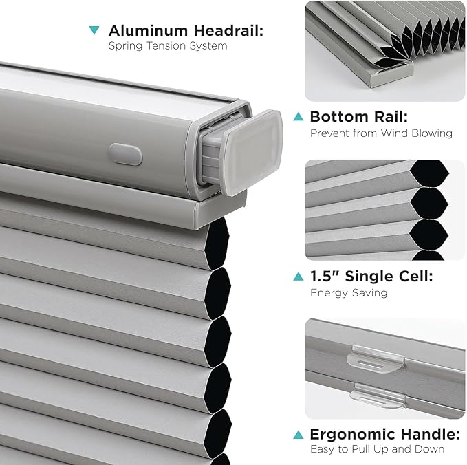 Joydeco No Tools No Drill Blinds for Indoor Windows, Cordless Window Blinds Cellular Shades Top Down Bottom Up Blackout Honeycomb Blinds Thermal Insulated Noise Reduction (Grey, 35" W x 64" H)