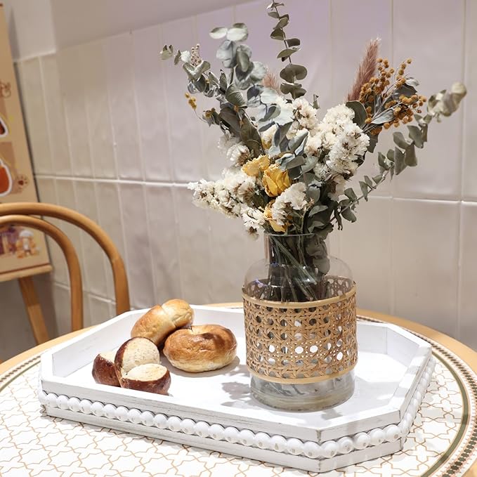 Whitewashed Wood Serving Tray with Beads, Farmhouse Decorative Tray for Table Centerpiece, Christmas Wedding Halloween Home Decor