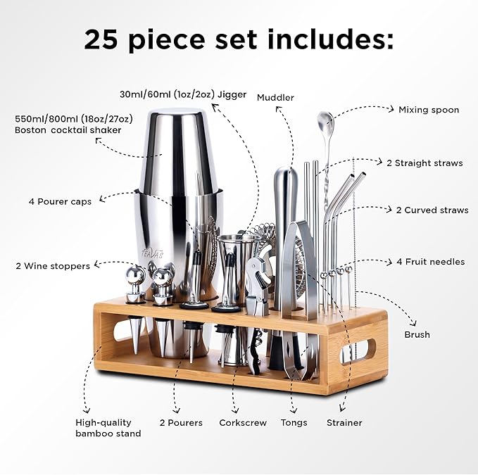 Mixology Bartender Kit with Japanese Jigger & Bamboo Stand - 25 Piece Stainless Steel Cocktail Making Set - Boston Shaker, Strainer, Mixer, Spoon, Muddler Barware - Anniversary & Birthday Gifts