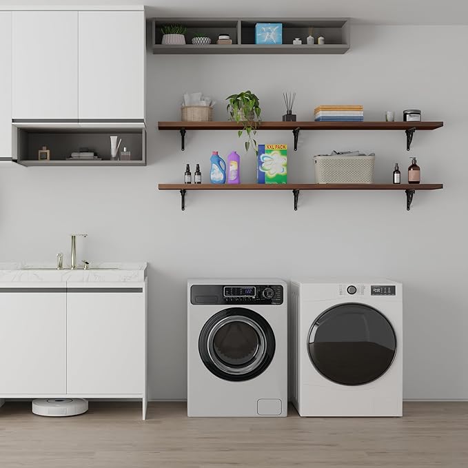 60 inch Long Floating Shelves for Wall,Solid Pine Wood Long Wall Shelves Set of 2,Walnut Color Bookshelf with Retro Iron Brackets for Living Room,Kitchen,Bathroom