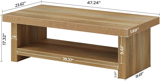 47-Inch Rectangle Coffee Table, Wood Rectangular Center Tables, Farmhouse Low Cocktail Tea Table for Living Room, Thick Base/Easy Assembly, Natural