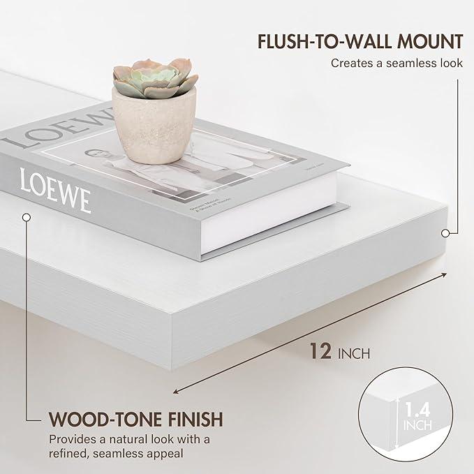 12 Inch Floating Shelves, 12" Deep Floating Shelf Wall Mounted, 12" Wall Shelves, Rustic Deep Bookshelf, Extra Deeper Display Shelves & Storage Shelves for Bedroom, Living Room, Set of 3