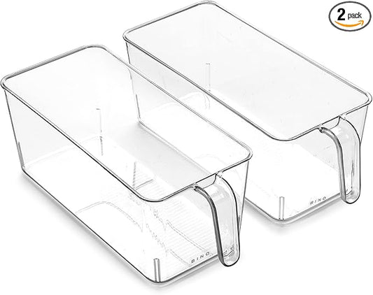 BINO l Plastic Storage Bins l THE HOLDER COLLECTION l 2-Pack, Large Multi-Use Clear Containers for Organizing with Built-in Handles l Pantry Organization & Storage l Kitchen Organizer l Storage Bins