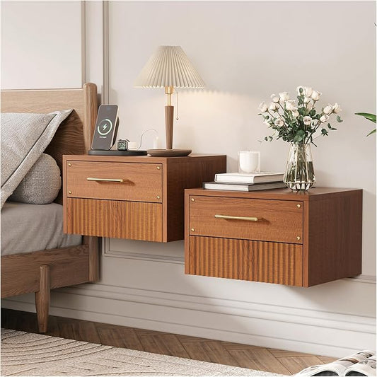 Floating Nightstand Set of 2 with Charging Station, Mid Century Modern Wood Wall Mounted Bedside Table with Storage Drawers & Fluted End Table for Bedroom, Home Small Space, Cherry, 2 PCS