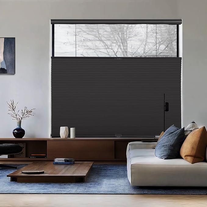 MYshade Top Down Bottom Up（TDBU） Cellular Shades, 1.5 inch Cordless Blackout Honeycomb Pleated Blinds for Windows Home Bedroom Office, Light Control, Thermal Insulated, 24 "W x 64" H, Black