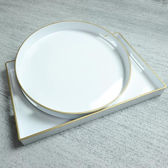Spsyrine Round White Decorative Tray, 13" Plastic Serving Table Tray with Handles for Breakfast, Round Modern Ottoman Tray for Coffee Table, Bathroom, Kitchen, Living Room