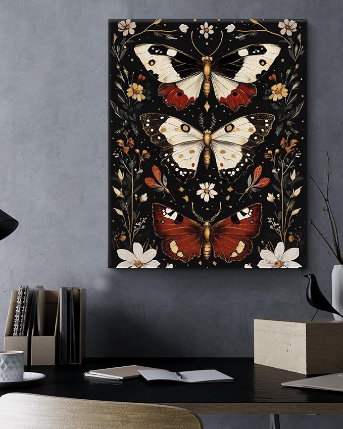 Aesthetic Moths Wall Art Decor Gothic Dark Academia Moth Canvas Print Poster Botanical Framed Painting Wall Decorations for Home Farmhouse Living Room Bedroom Decor 8x10 Inch