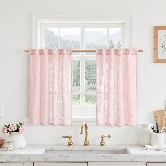 LAMIT 36 Inch Length Linen Curtains for Small Windows, Semi Sheer Light Filtering Panels Back Tab and Rod Pocket Country Decor Drapes for Basement/Kitchen, Pink, 2 Panels, 34 x 36 Inch