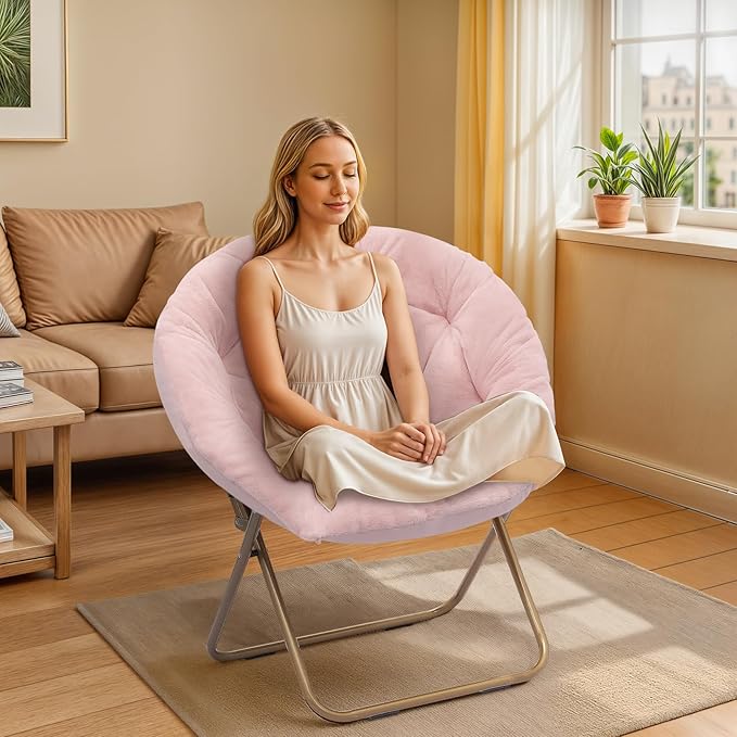 Athena Collection Comfy Saucer Chair Folding Cozy Chair for Bed Room Living Room Accent Chair Faux Fur Reading Chair Foldable Metal Frame Lazy Chair Moon Chair for Adult, Pink