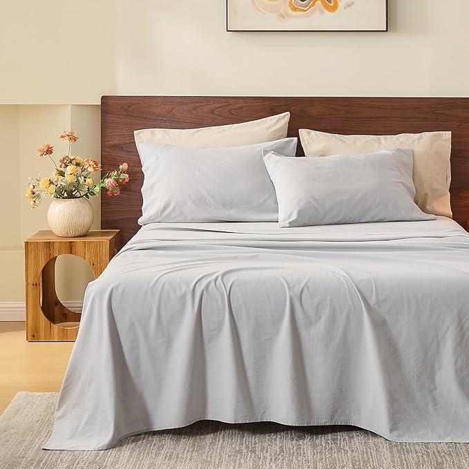 MEISHANG 100% French Pure Linen Sheets King Size - Bed Sheets 4 Piece Sets, Soft Durable Flax Linen, Anti-Tear Breathable Oeko-Tex Certified with 16" Deep Pocket (Silver Grey)
