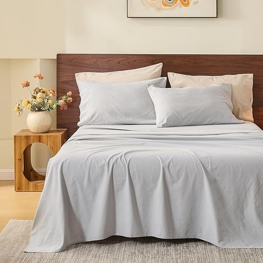 MEISHANG 100% French Pure Linen Sheets King Size - Bed Sheets 4 Piece Sets, Soft Durable Flax Linen, Anti-Tear Breathable Oeko-Tex Certified with 16" Deep Pocket (Silver Grey)
