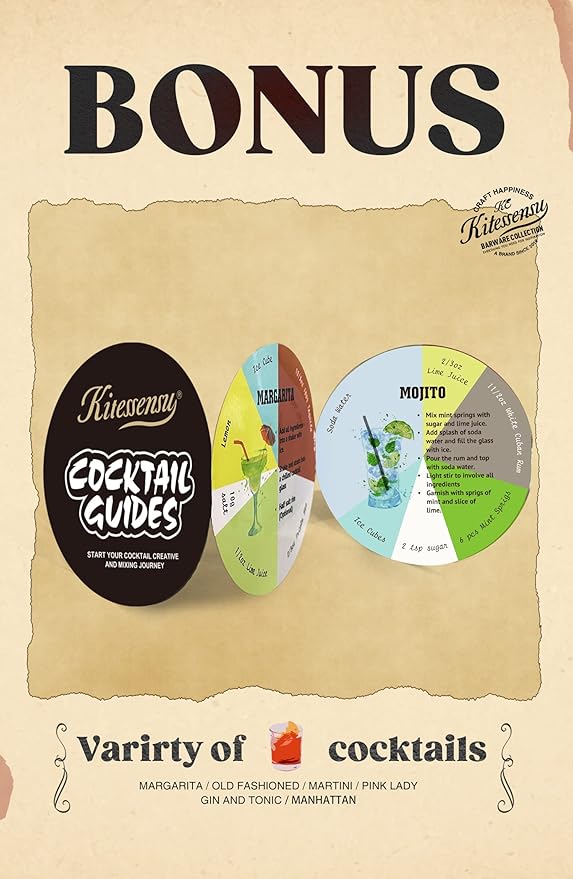 KITESSENSU Cocktail Shaker Set, Stainless Steel Martini Shaker Set with 24 Ounce Cocktail Mixer with Drink Shaker, Measuring Jigger, Bar Spoon & Drink Recipe Guide, Black