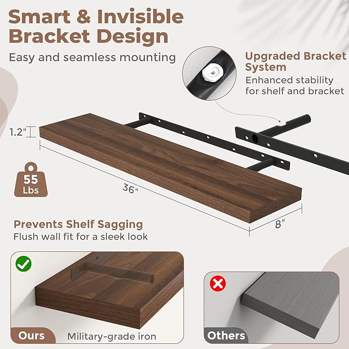 Floating Shelves for Wall with Invisible Brackets, Wall Mounted Engineered Wood Shelves with Wood Grain for Living Room, Bedroom, Bathroom, Kitchen Decor and Storage, Oak, 36"L Set of 2, Walnut