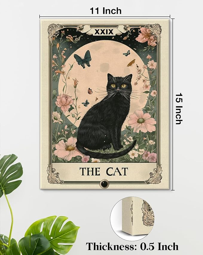 Aesthetic Cat Tarot Wall Art Decor Witchy Cat Moon Flowers Tarot Card Canvas Print Poster Framed Painting Wall Decorations for Home Living Room Bedroom 11x15 Inch, Mystical Cats Lover Gifts
