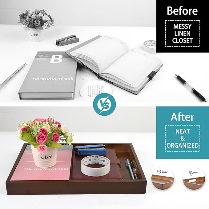 Bamboo Wood Serving Tray with Handles(14.96x10.24x1.57 inches) – Elegant Decorative Platter for Breakfast in Bed, Lunch, Dinner, Appetizers, BBQ, Parties & More – Perfect for Couch and Drawing Room.