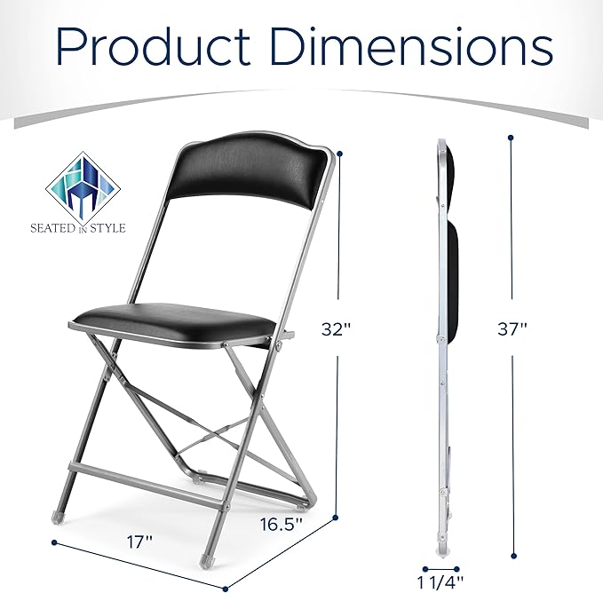 Folding Chairs with Padded Seats 4 Pack - Foldable Chair with Heavy-Duty Steel Frame, Elegant Party Chairs, Metal Folding Chair for Outside, Home, Office, Indoor & Outdoor Events - Silver/Black