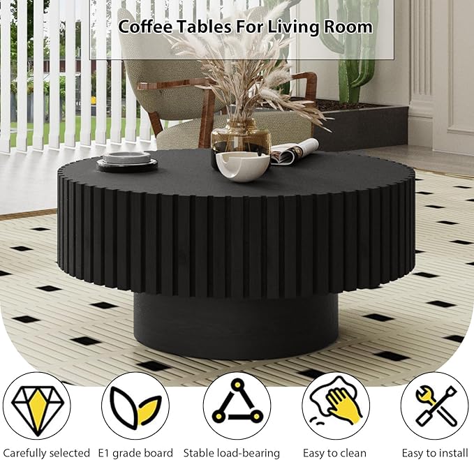 Round Fluted Coffee Table Mid Century Modern Coffee Tables with Handcrafted Relief Circle Drum End Table Rustic Industrial Center Tables for Apartment Living Room (Black Round)
