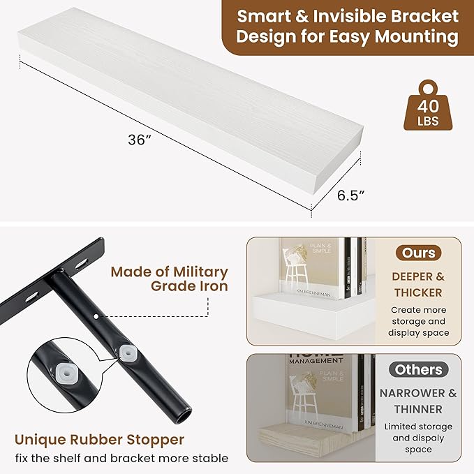 fuqing Floating Shelves for Wall, Bathroom Shelf Wall Mounted for Storage, Shelves with Invisible Bracket for Bedroom, Kitchen, Living Room, Farmhouse Small Book Shelf, 36 Inch Set of 2, White