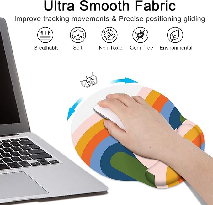 Britimes Ergonomic Mouse Pad Set with Wrist Rest Abstract Rainbow Non-Slip Rubber Base Wrist Cushion Support and Coasters Mousepad with Wrist Support for Computer Keyboard and Desk