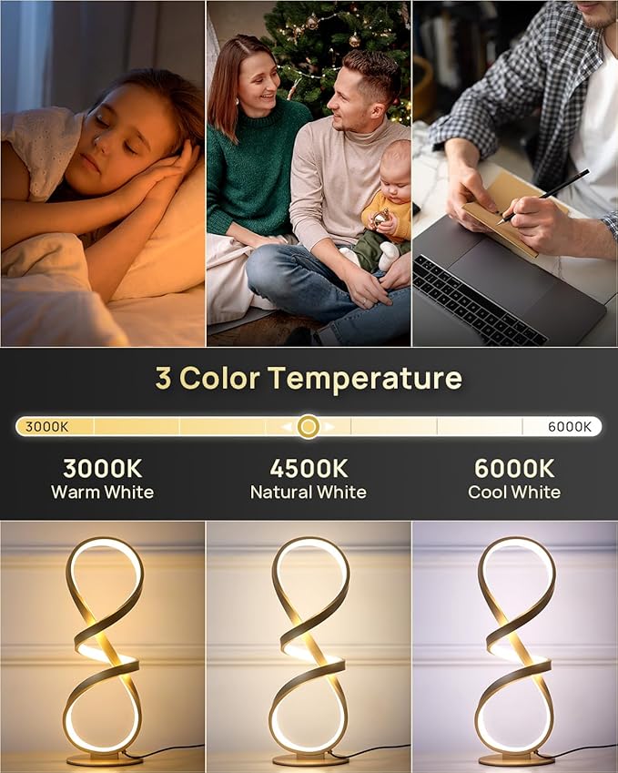 2 Pack Table Lamps, LED Touch Dimmable Spiral Desk Lamp, 3 Color Temperature Modern Nightstand Lamp, Unique Bedside Lamp for Living Room, Bedroom, Cool Lamps for Ideal Gift, Gold