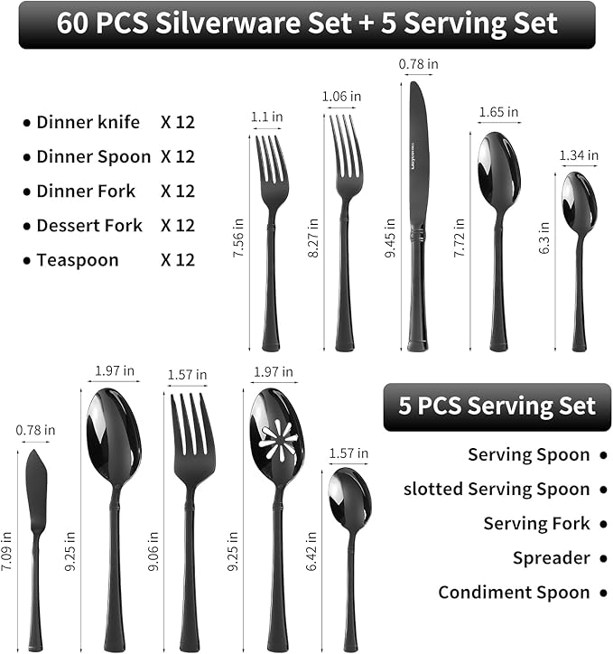 Black Silverware Set, Service for 12, 18/10 Heavy Stainless Steel Flatware with Serving Utensils, Mirror Polished Cutlery Set, Dishwasher Safe