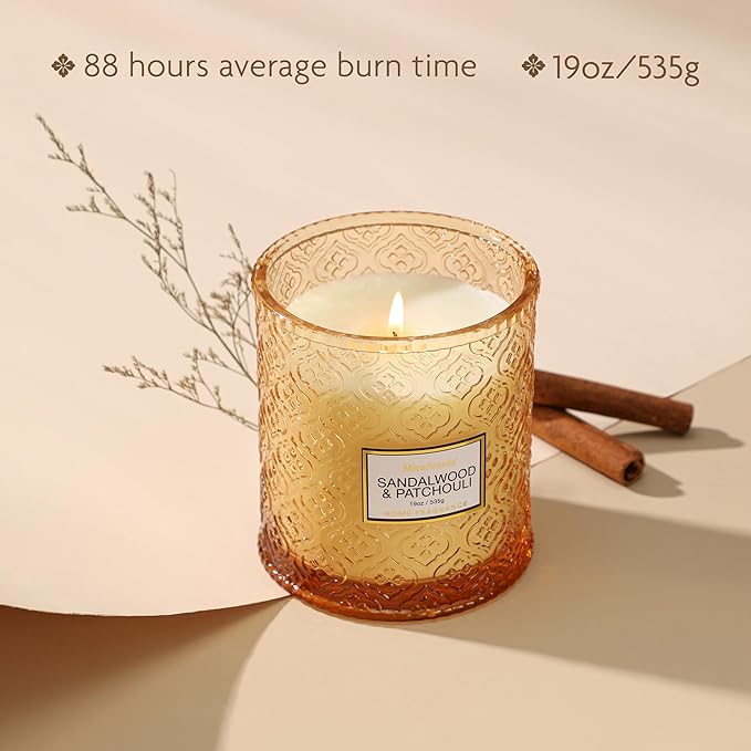 Sandalwood & Patchouli Scented Candles, 19oz Luxury Gifts for Women, Orange Decorative Glass Candles, Natural Soy Wax for Home Fragrance